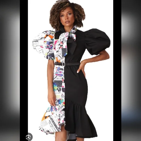 For Her NYC Womens Mixed Media Black White Puff Sleeve Comic Retro Dress. XL - Picture 3 of 9